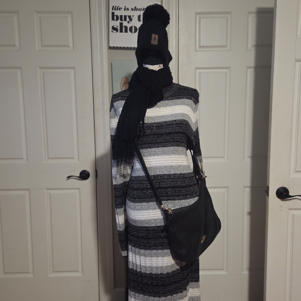 Black and White Striped Dress with Accessories